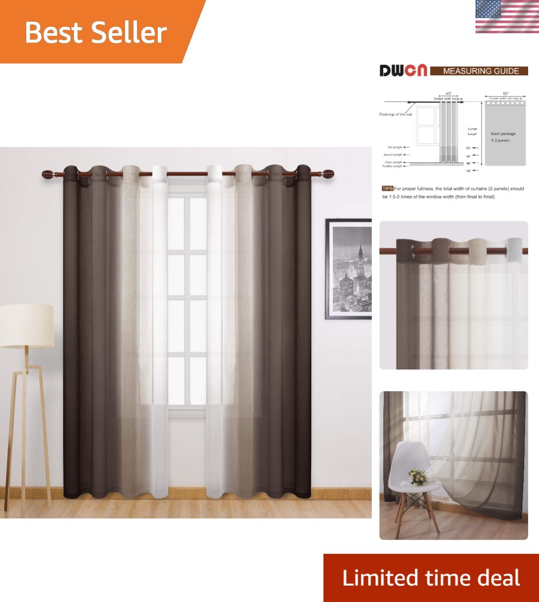 Elegant Faux Linen Ombre Sheer Curtains – Set of 2 Panels, 52x84in Chocolate