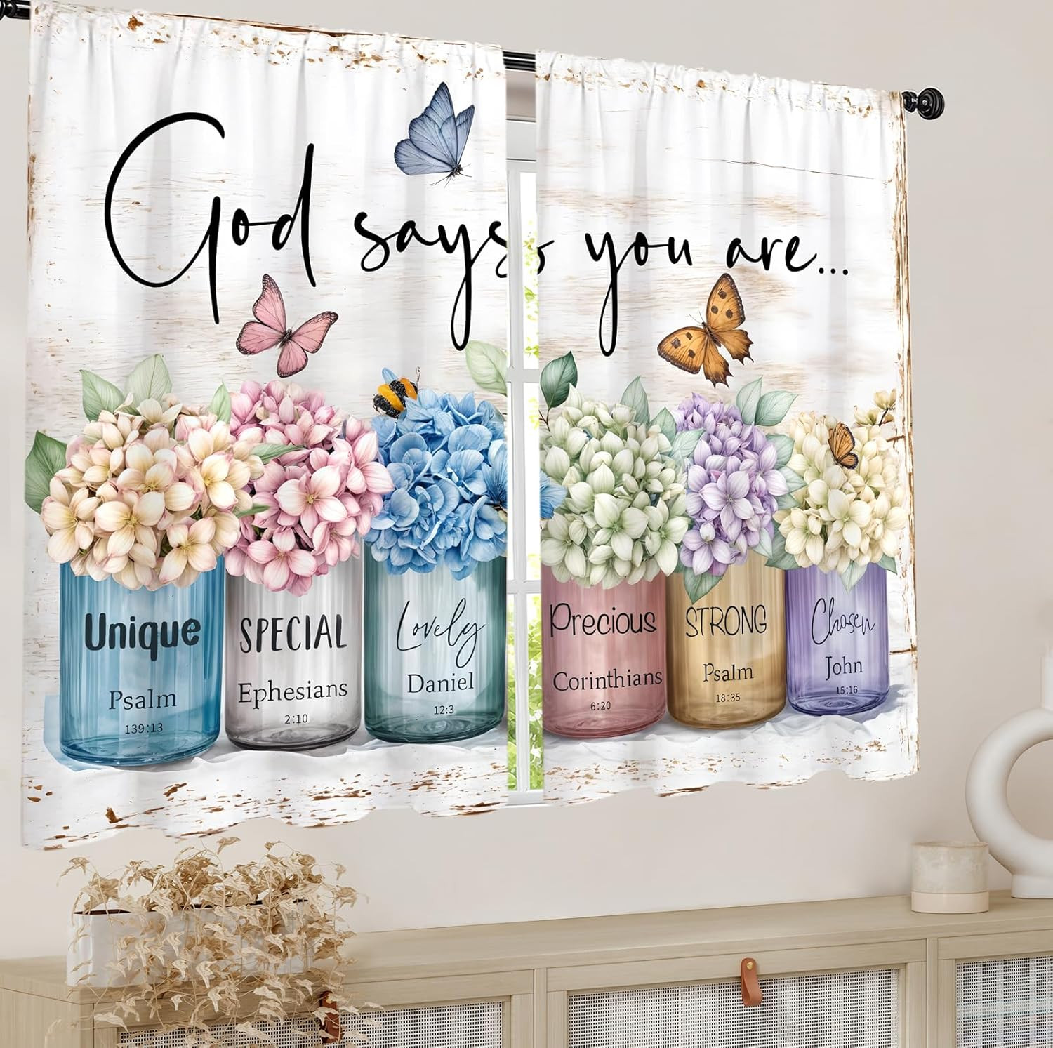 Hydrangea Religious Floral Kitchen Curtain 27.5W X 39L Inch 2 Panels Rod Pocket