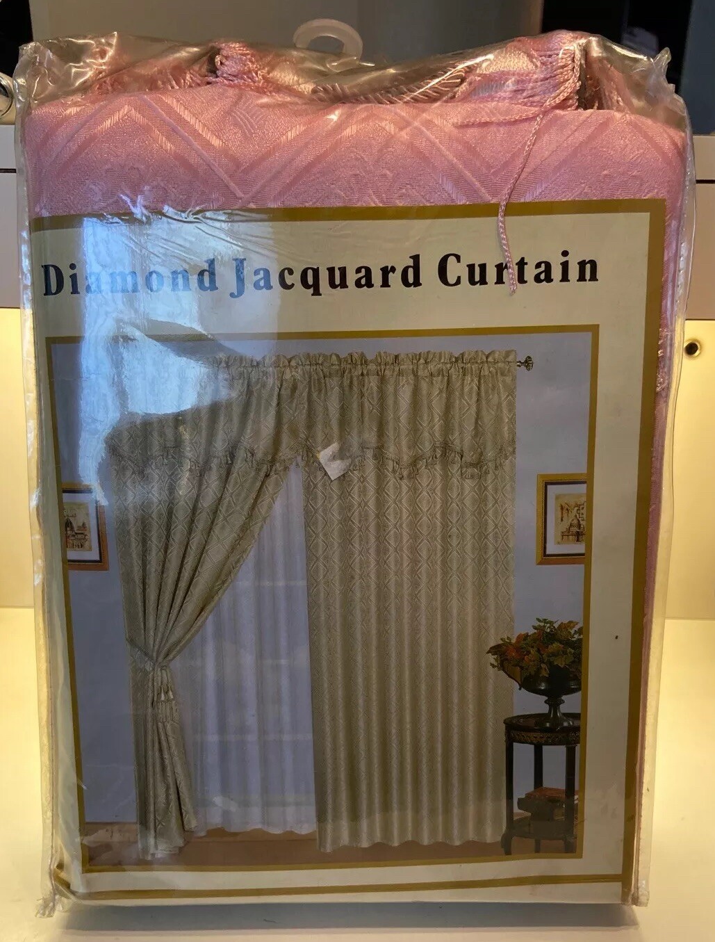 4-Piece Diamond Jacquard Curtain/Drape Set Pink 60 X 84 + 18