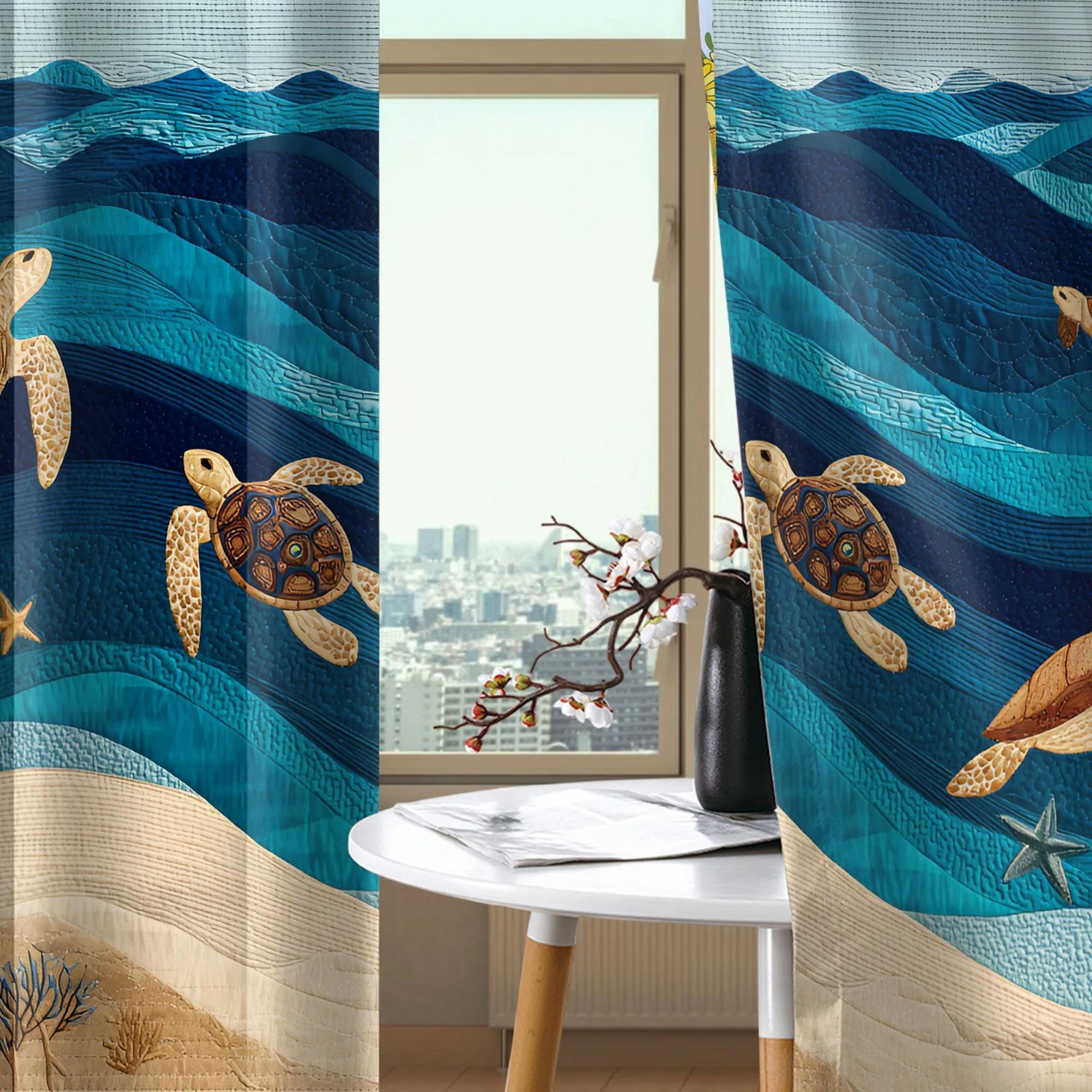 Marine Sea Turtle Art Curtain Ocean Life Coastal Nautical Window Panel Decor