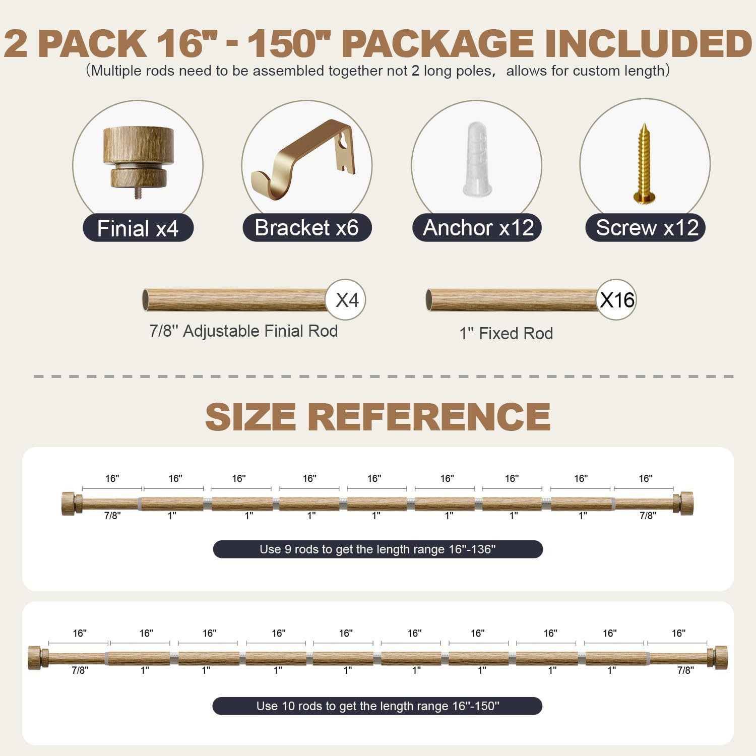 2 Pack Adjustable Weathered Wood Curtain Rods 72-144″ for Home Decor