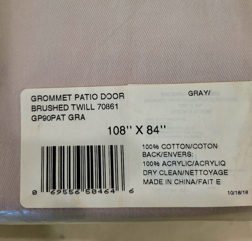BALLARD DESIGNS Grommet Patio Door Brushed Twill Curtain Panel, 108” X 84” NWT