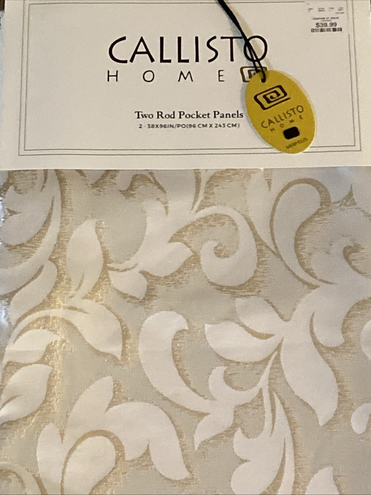CALLISTO HOME 36 x 96” Curtain Panels Gold Foil Floral Metallic Accents 2Pc Set