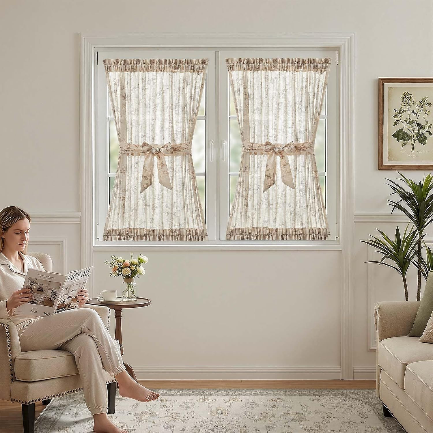 jinchan Floral French Door Curtain Panel Farmhouse Decor Light Filtering Linen w