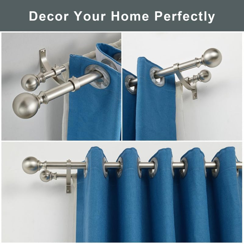 Brushed Nickel Double Curtain Rods – Adjustable 144-164 Inch Rods with round Fin