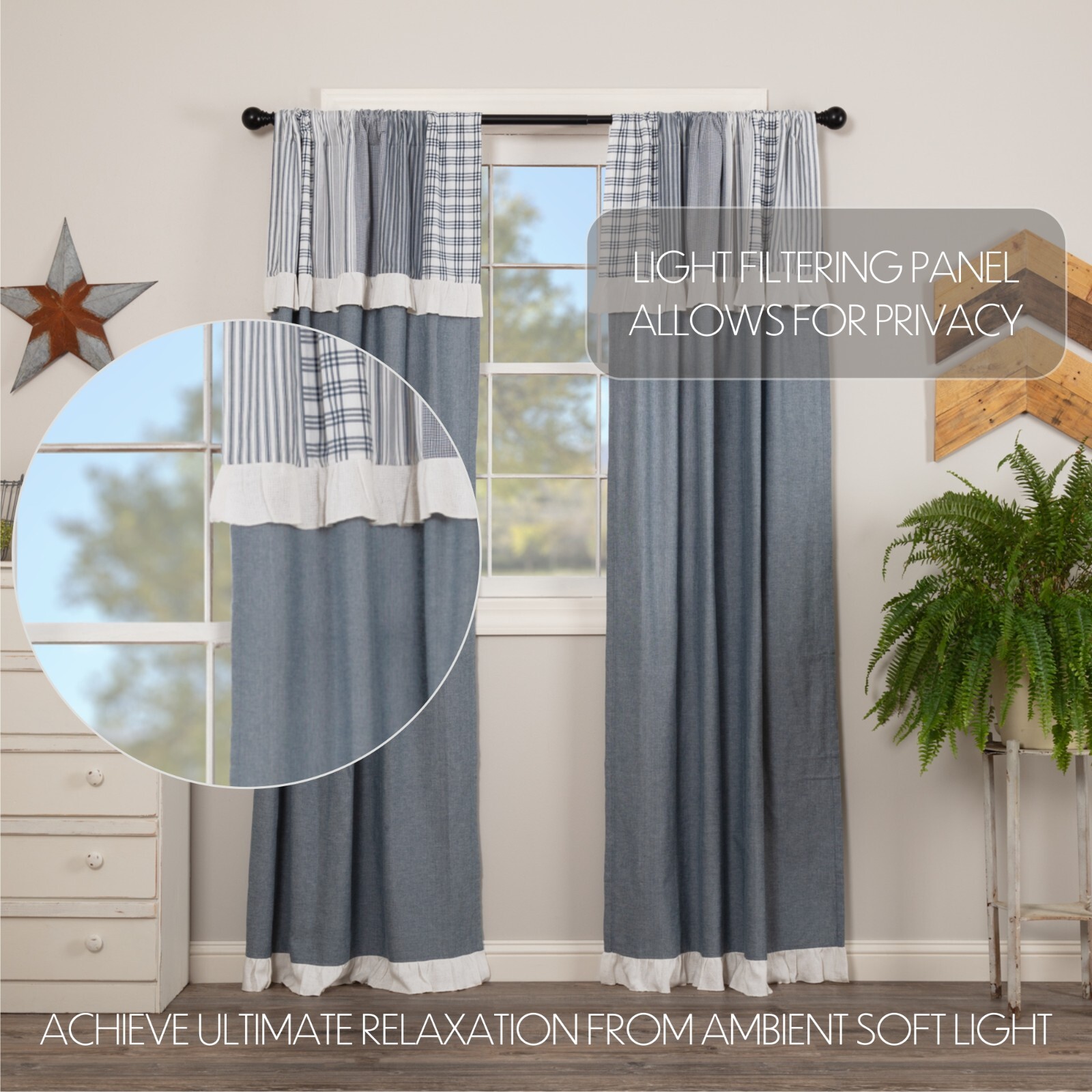 Sawyer Mill Blue Chambray Panel Set w/ Attached Patchwork Valance 84″ Long Last1