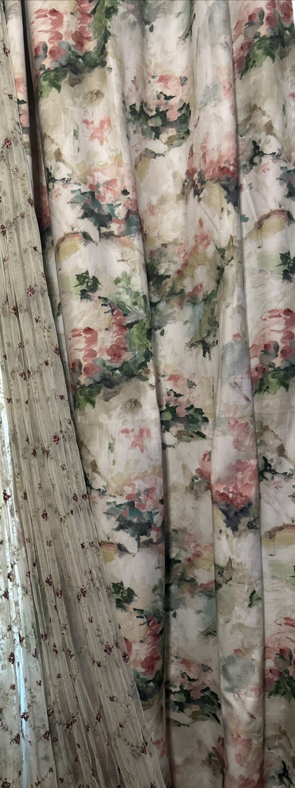 2 Drapes SHOWROOM SAMPLE Modern DEGAS Screenprint Floral in Tea Rose