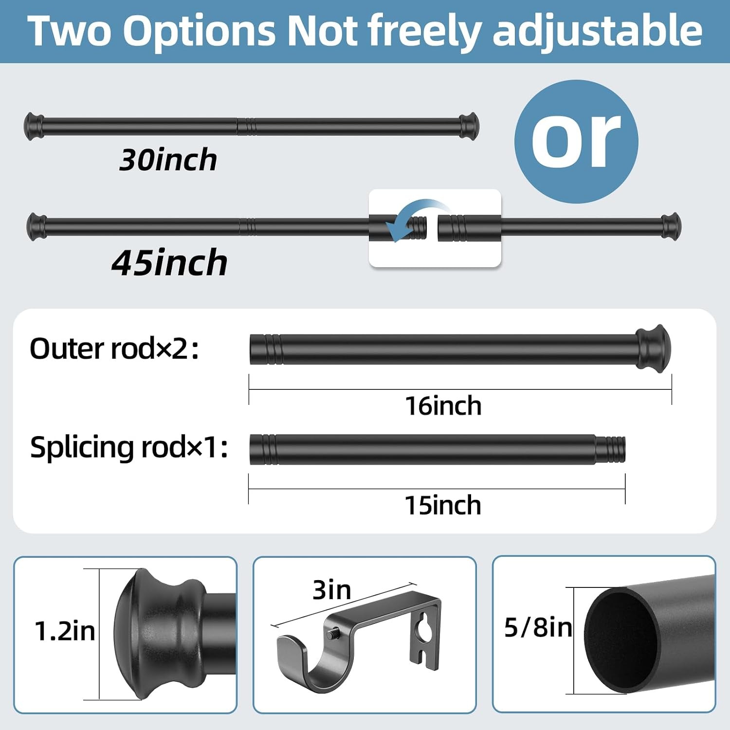 Black Curtain Rods for Windows 30 to 45 Inches with Brackets, Decorative 5/8