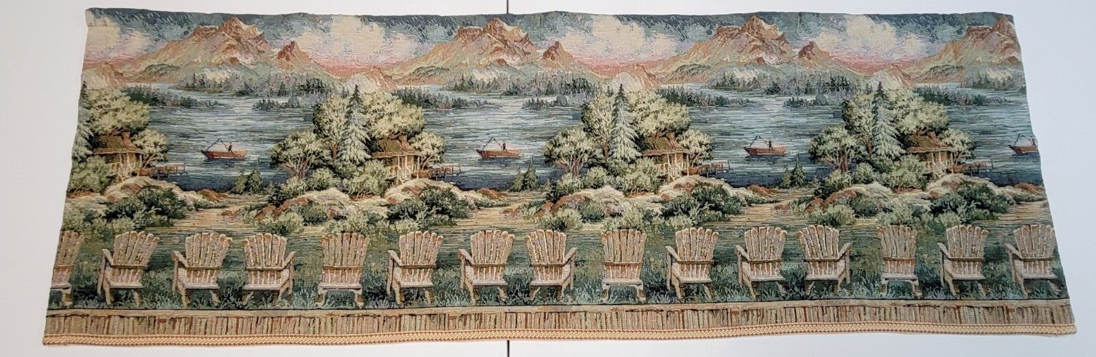 Croscill Tapestry Valance Fishing Cabin Mountain Lake Rustic Panel Painterly Vtg