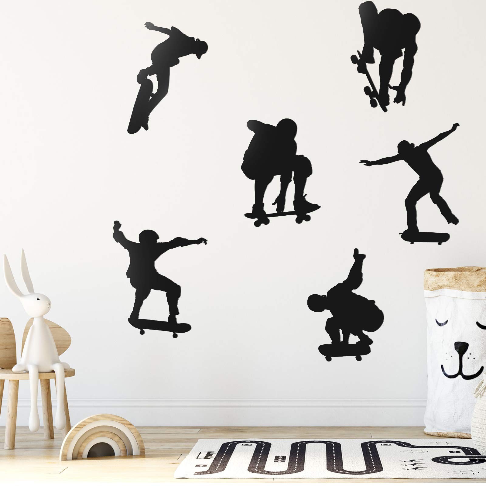 6 Pieces Playing Skateboards Sports Wall Decal 6 Count (Pack of 1), Black