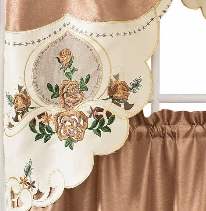 GOHD Rose Melody. 3pcs Kitchen Cafe Curtain Set. Swag and 24 inches Tiers Set…