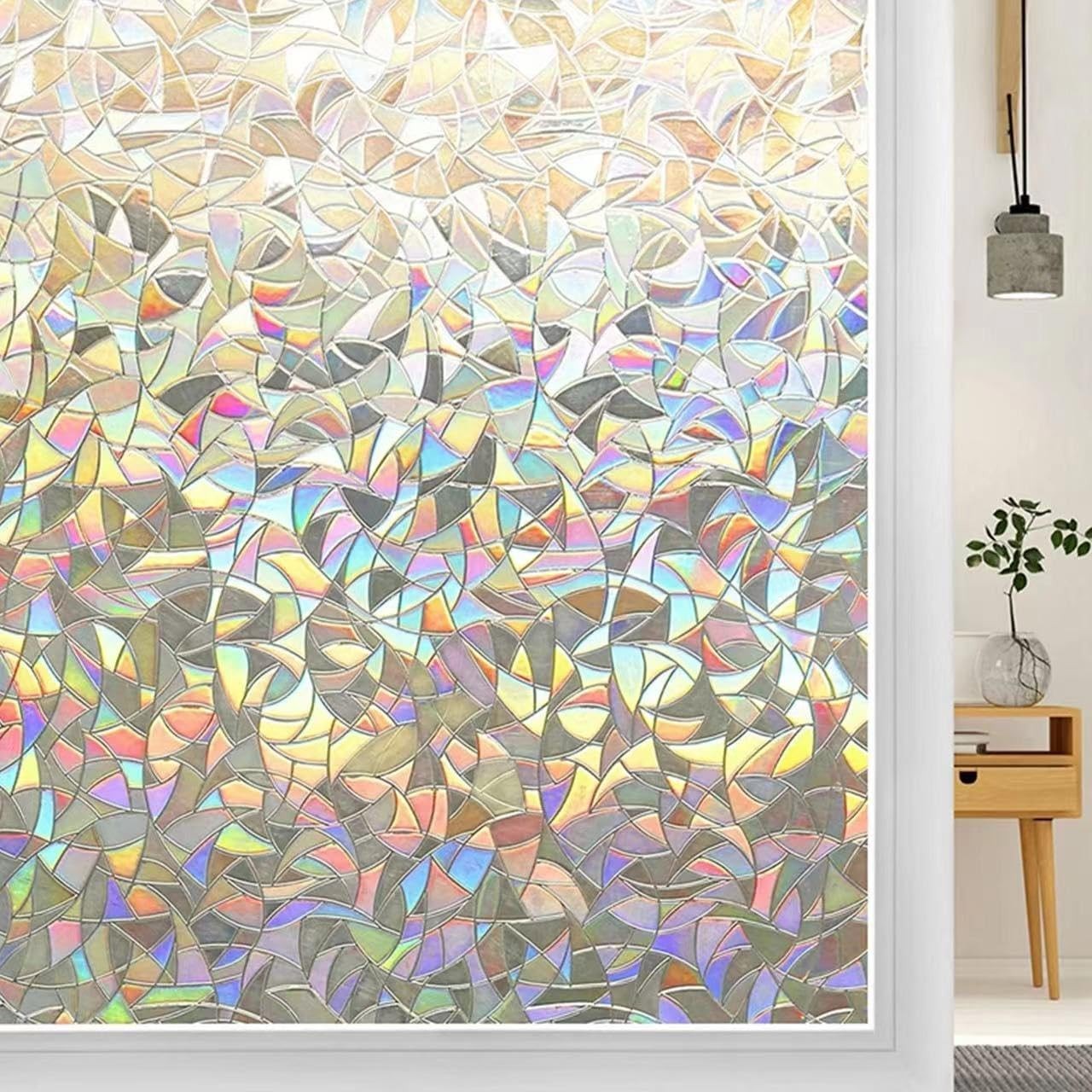rabbitgoo Privacy Window Film 3D Rainbow Decorative Static Stained Glass Sticker