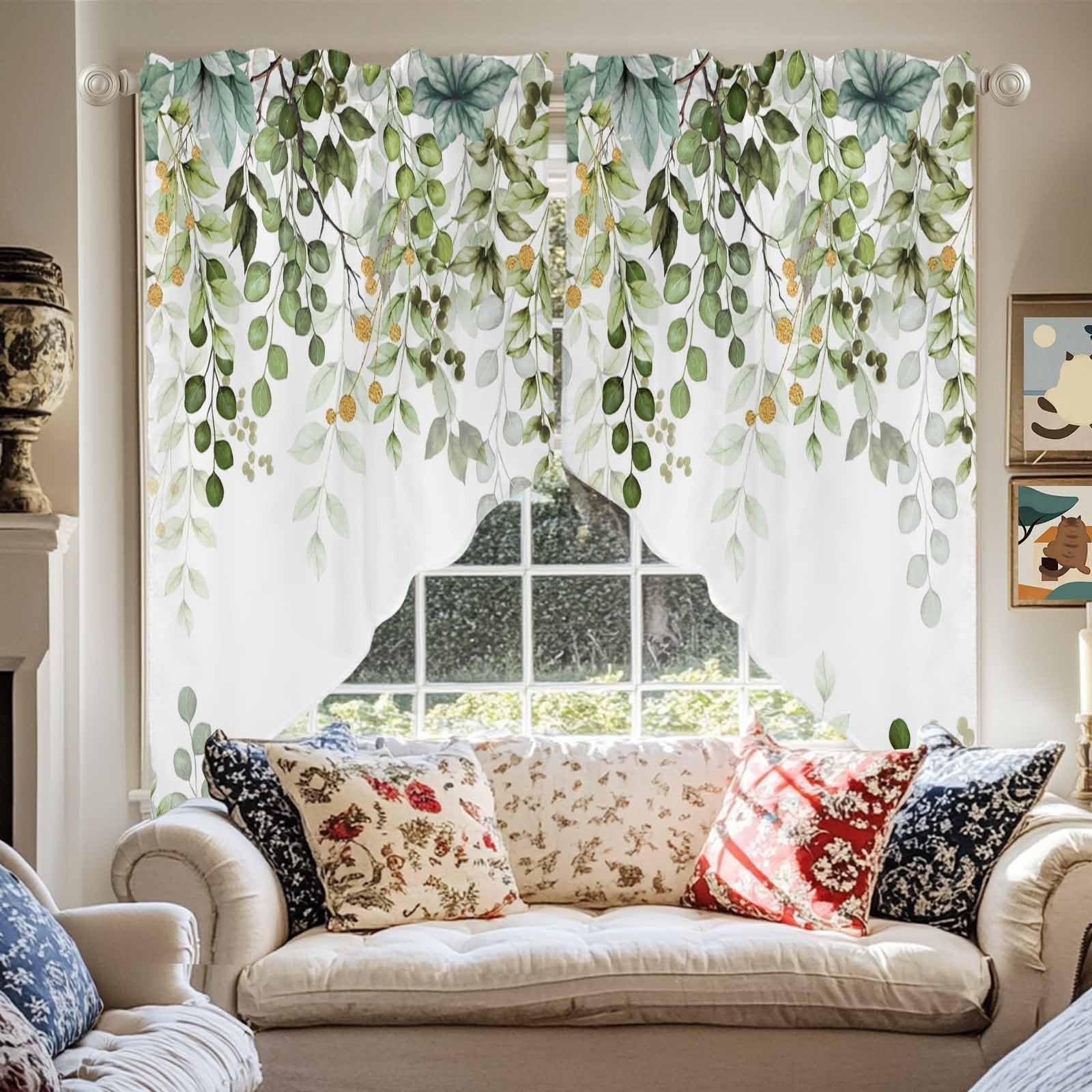Sage Green Eucalyptus Swag Valance, Botanical Plants Rod Pocket Kitchen Valan…