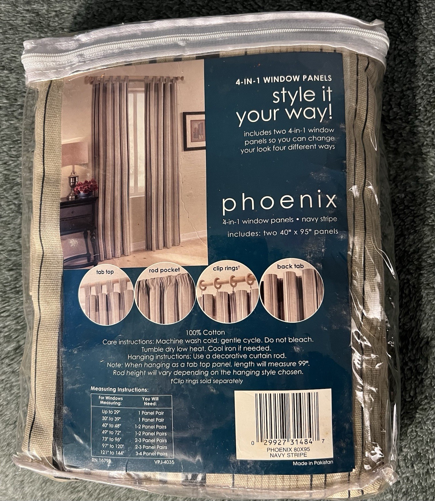 FREE SHIPPING Phoenix 4-in-1 Window Panels Navy Stripe 40×95 100% Cotton