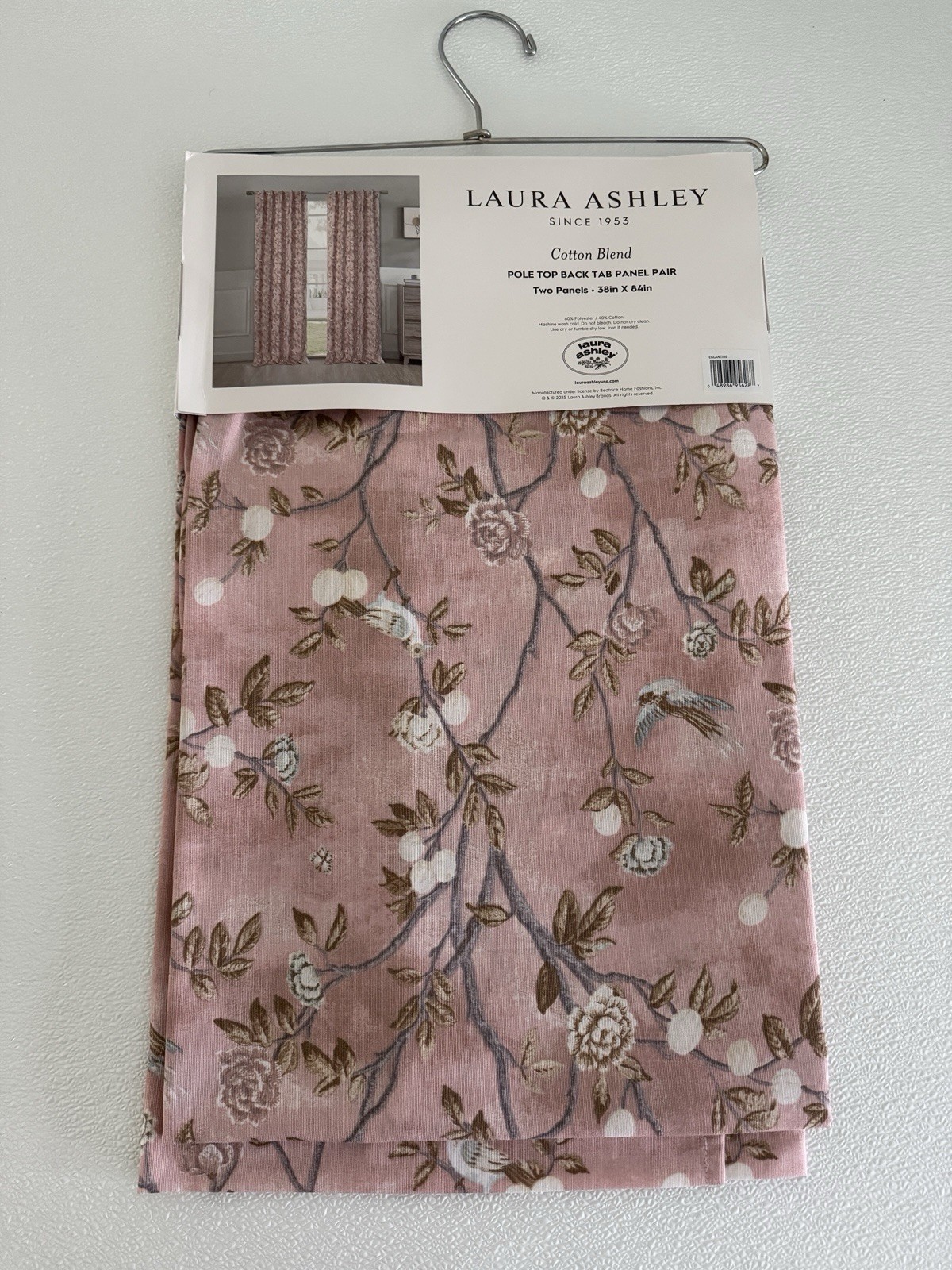 NIP Laura Ashley Window Curtains 2 Panels 38 x 84 Birds Rose Pink Brown Back Tab