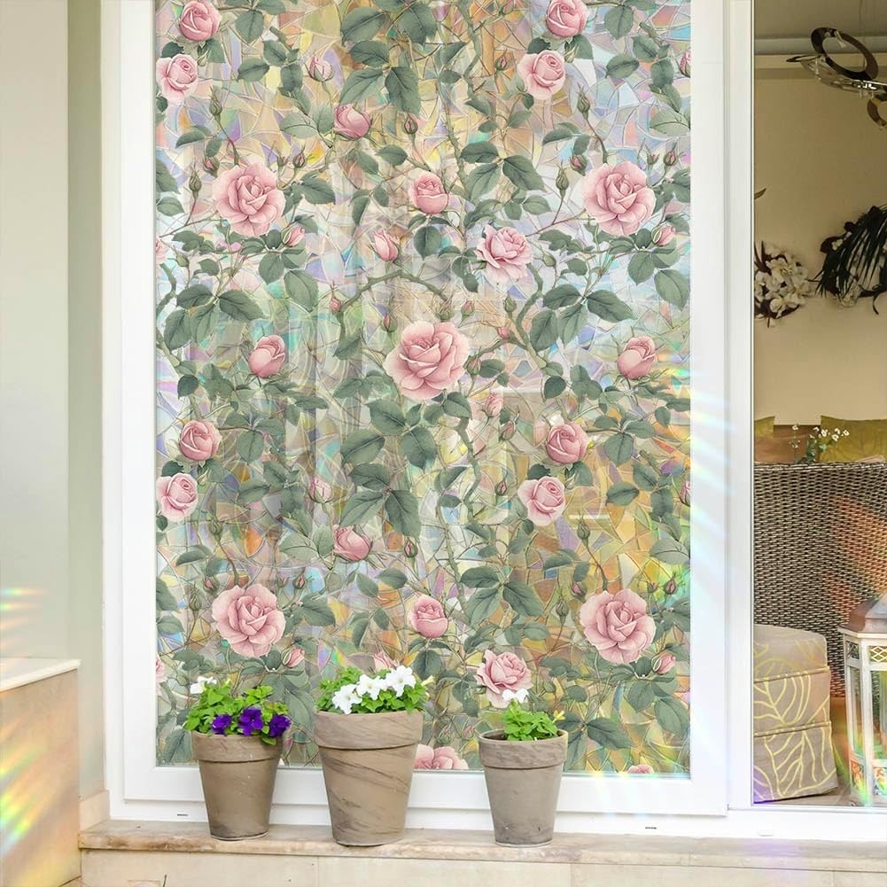Retro Pink Rose Flowers Window Privacy Film,3D Stained Glass Rose Rainbow Win…
