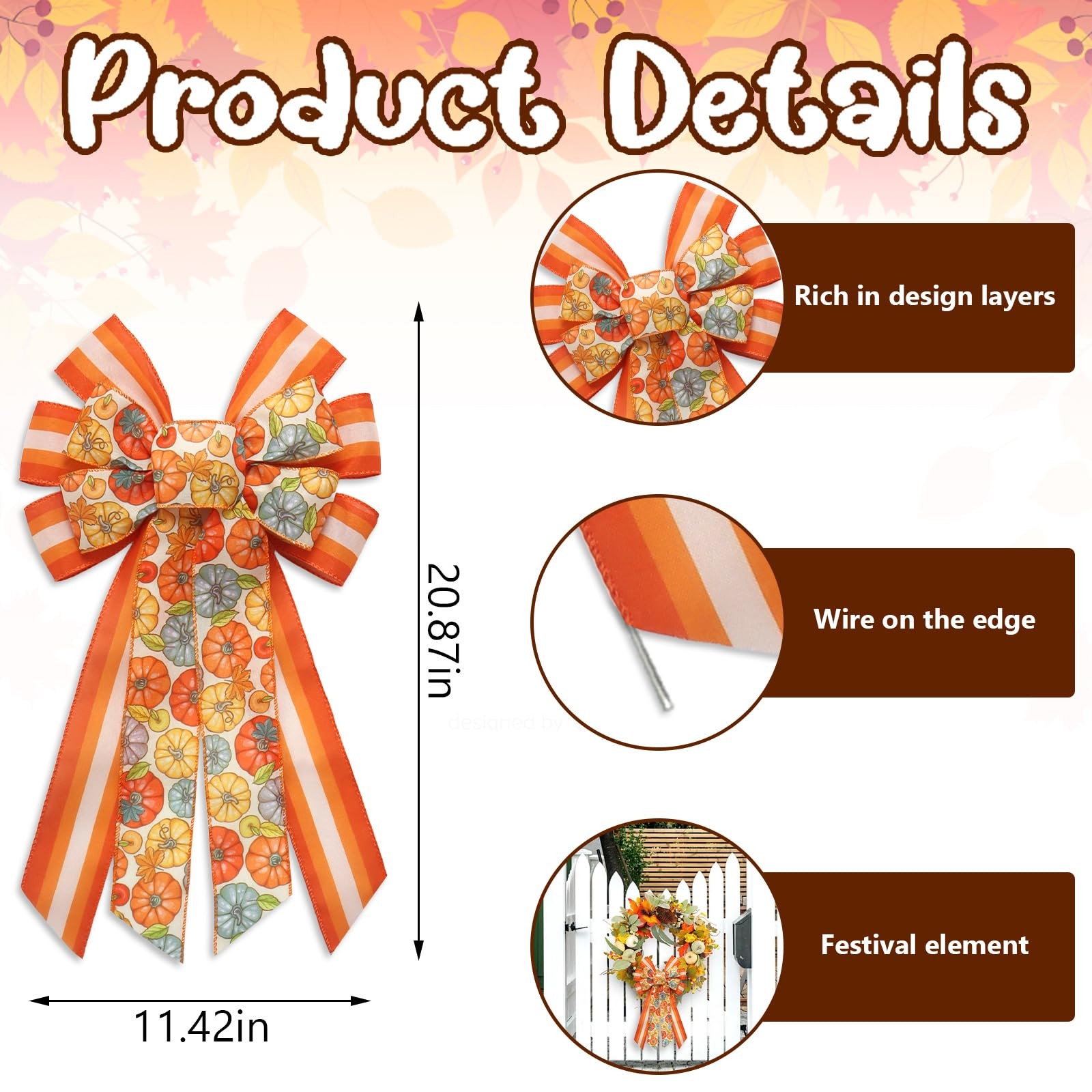 Large Fall Wreath Bows for Thanksgiving Autumn Bow, Colorful Pumpkin Brown St…