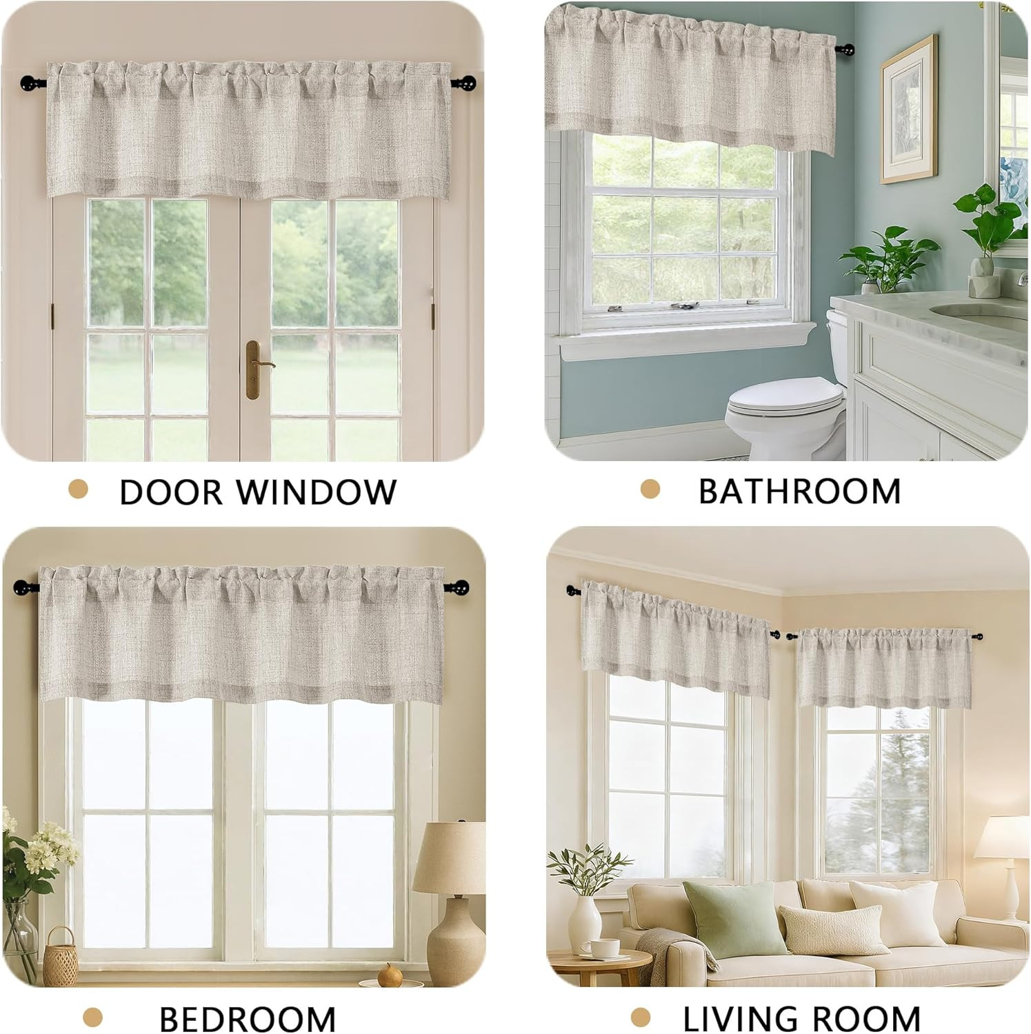 Valance for Windows, Light Filtering Faux Linen Textured Small Short Valance Kit