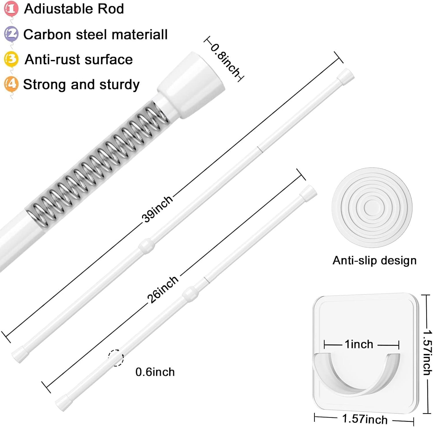 Versatile Spring Tension Rods 2Pcs Set – Adjustable 26-39 Inch, White Finish
