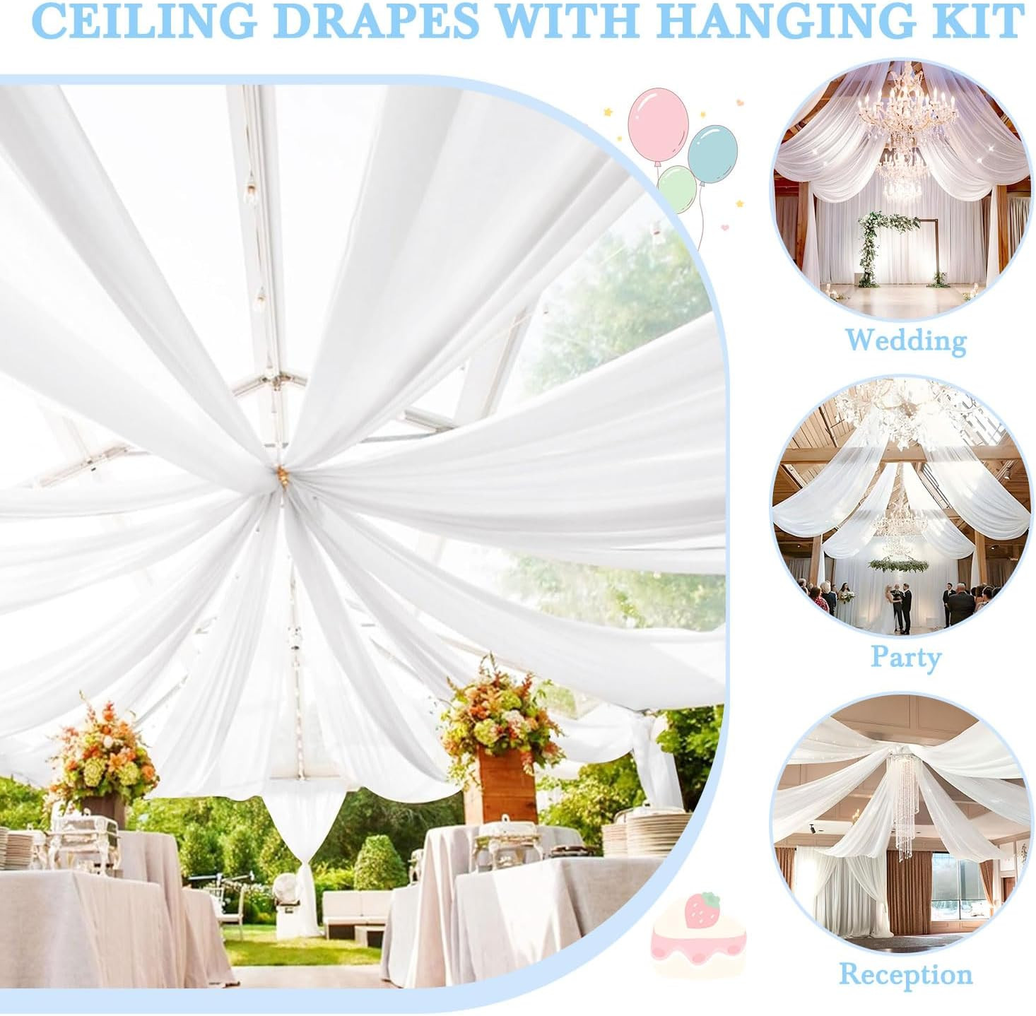 White Chiffon Ceiling Drapes with Hanging Kit for Weddings & Events – 6 Pack