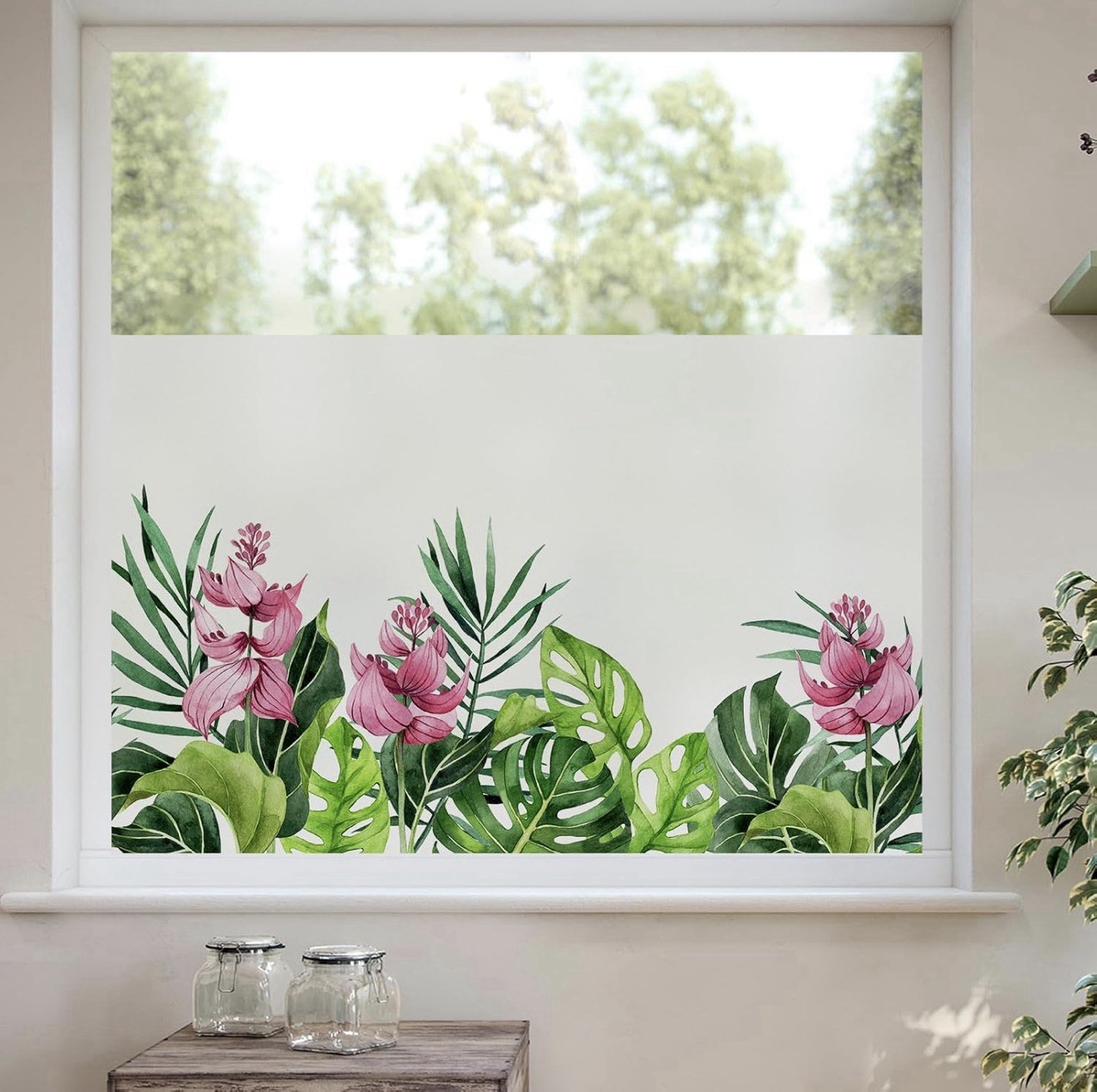 DKTIE Tropical Flowers Static Cling Window Film Non-Adhesive, Frosted, Privacy