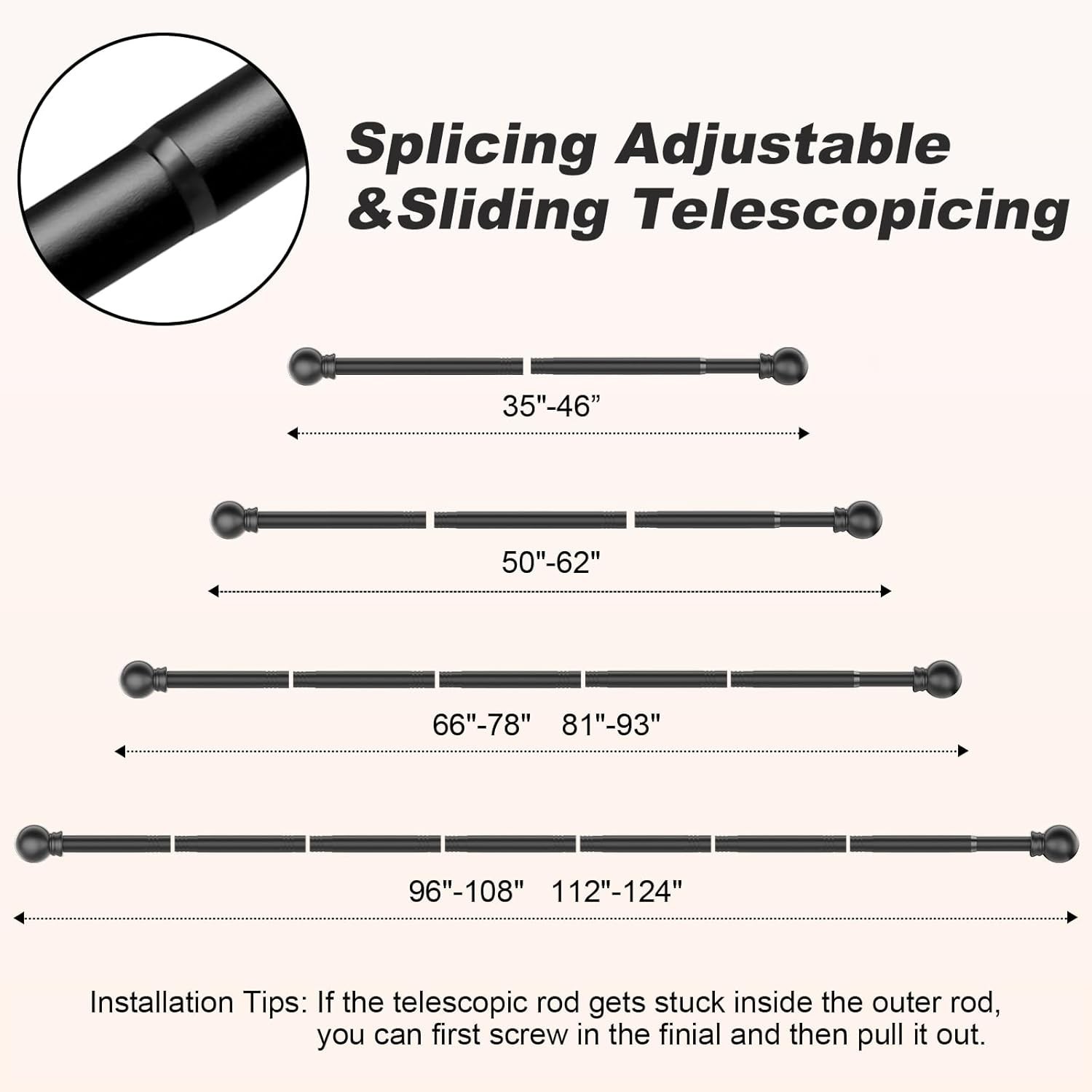 Black Curtain Rods 35″-46″, Adjustable Drapery Rod 5/8 Inch