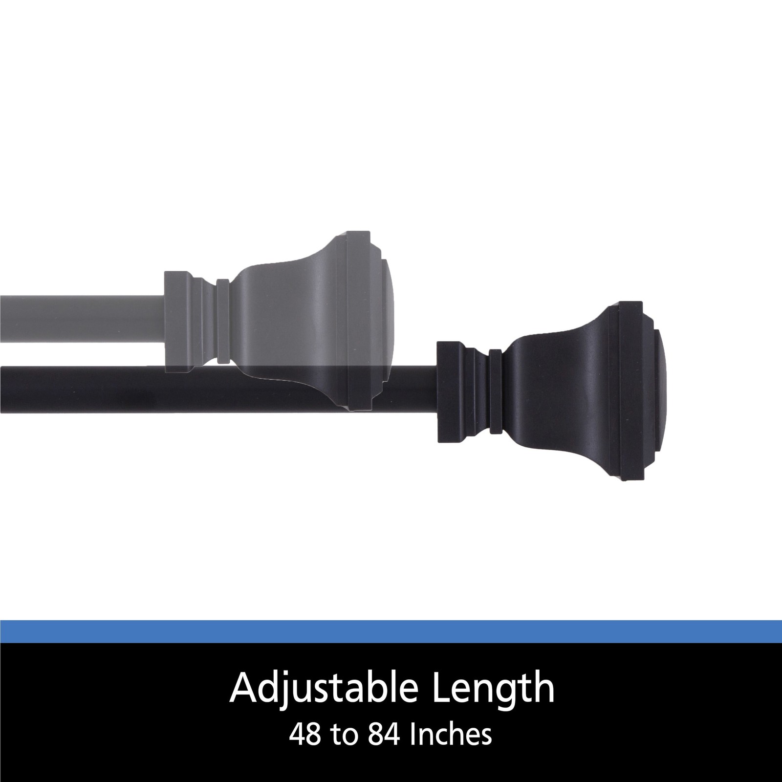 (1 pack) 1/2″ Twain Square Petite Café Adjustable Curtain Rod,48-84″, Black