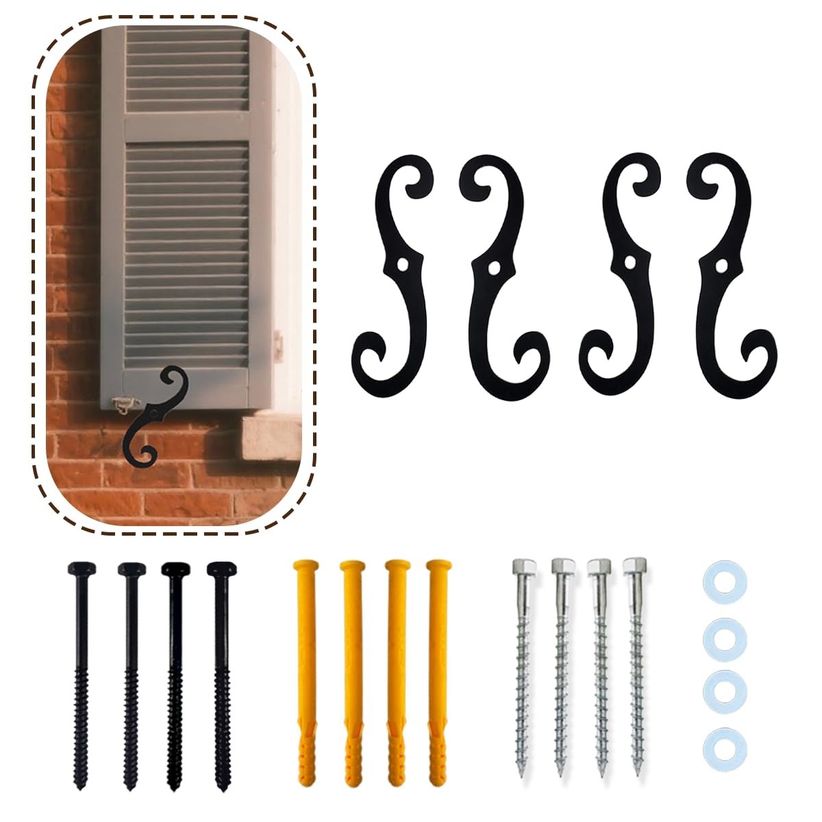 4 Pcs Black S Shaped Shutter Fasteners, 6.5″ Decorative Hardware for Outdoor Shu