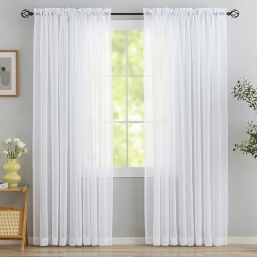 Extra Wide Sheer Curtains White 84 Inches 108″W x 84″L (Pack of 2) White-voile