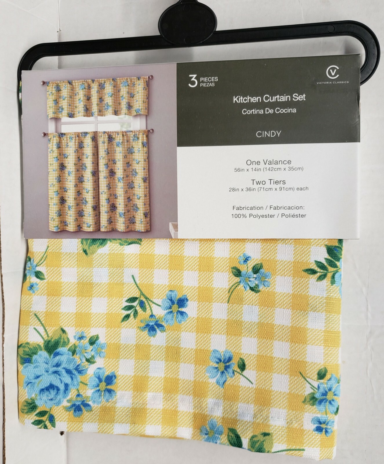 3pc. Curtains Set: Valance(56″x14″) & 2 Tiers (28″x36″) BLUE FLOWERS, CINDY, VC