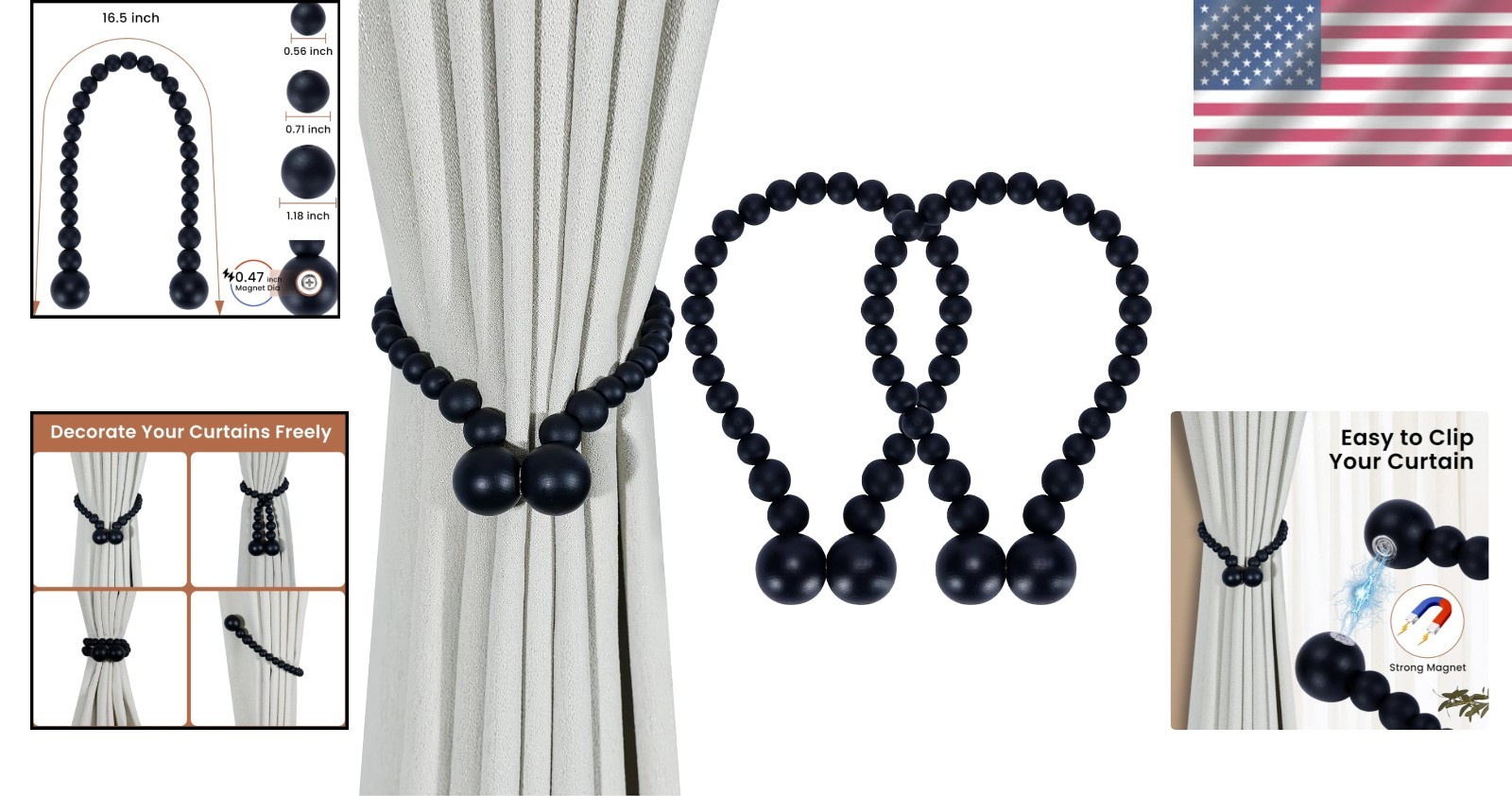 Versatile Magnetic Curtain Holdbacks – Black Wood Bead 2 Pack for Any Room Style