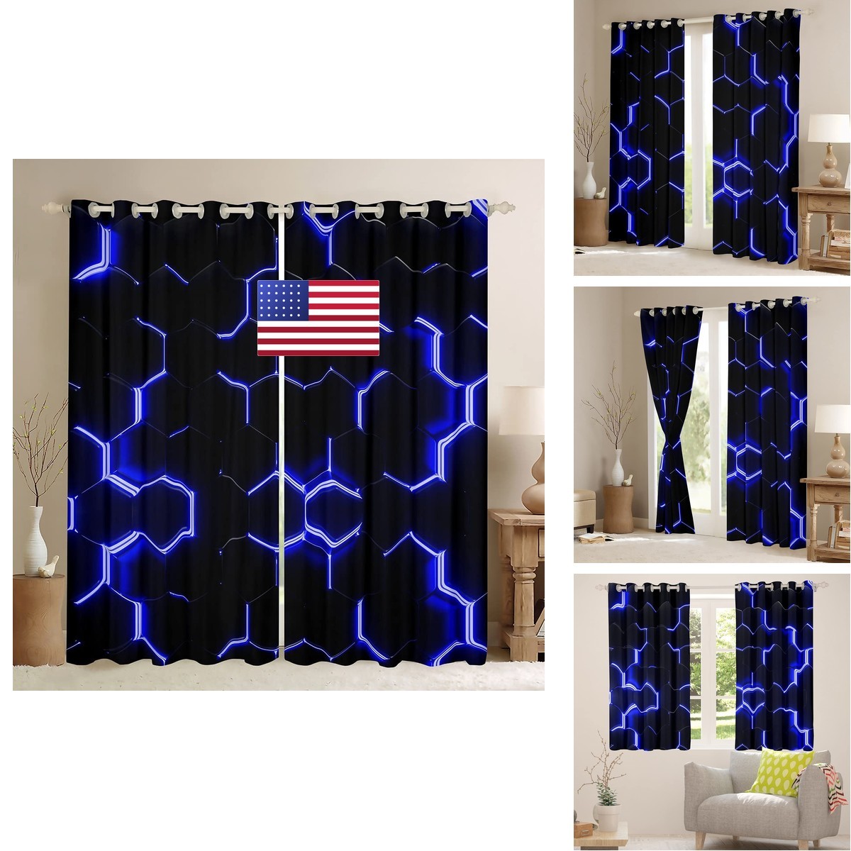Feelyou Blue And Black Print Curtains Hexagonal Window Curtains For Bedroom