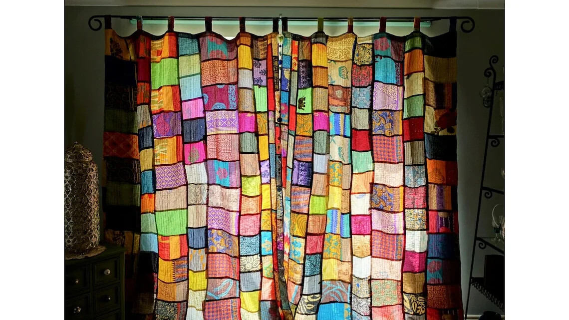 2 Pc of Indian Vintage Silk Kantha Quilt Recycled Curtain Drap Window Curtain