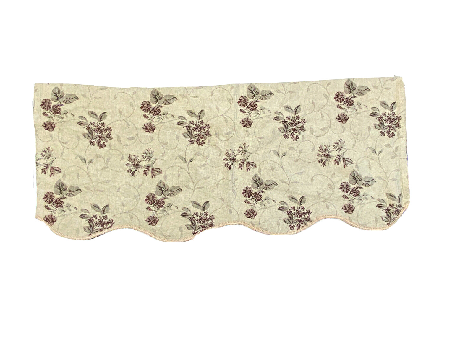 Vintage Woven Scalloped Valance Short Curtain Beige Burgundy Rose Floral Print