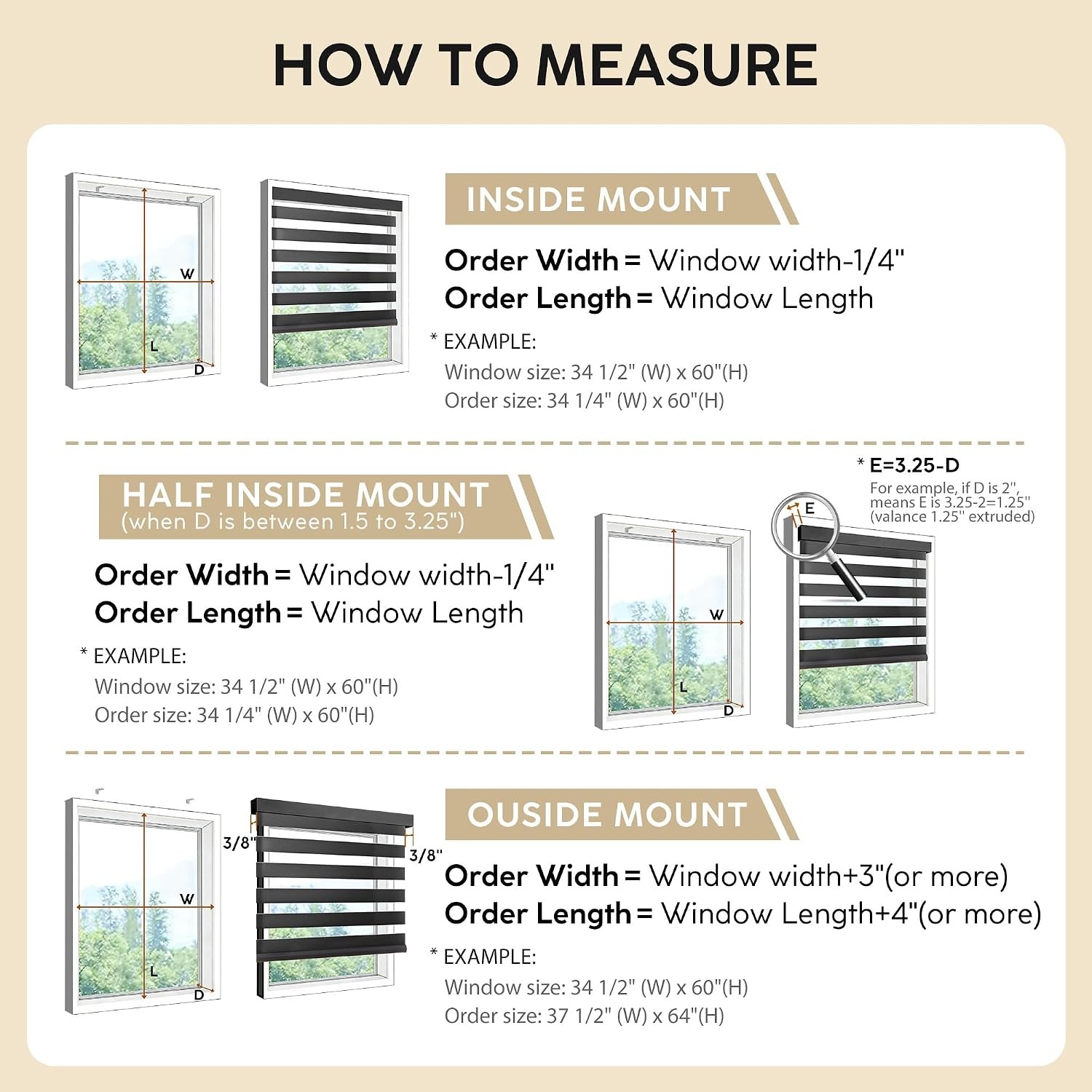 Cordless Zebra Blinds for Windows –(35″ W x 64″ H,White) Dual Layer Fabric