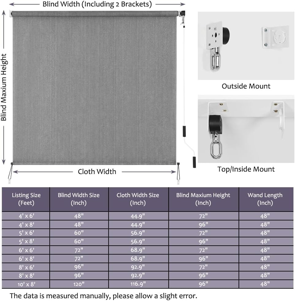 Patio Shades Roll up Outdoor Blind, 10′ W X 8′ H Cordless Sun Shade Privacy Scre