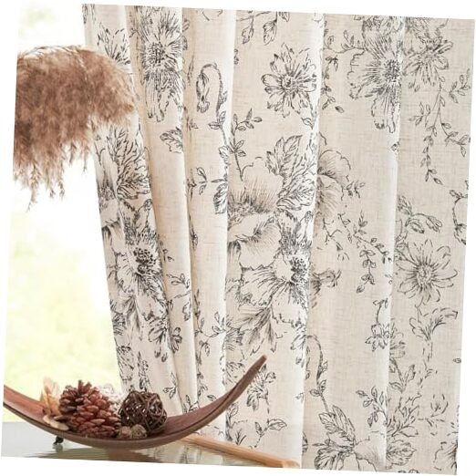 Linen Blend Curtain Floral Curtains for 50″W x 84″L (Pack of 2) Flower Black
