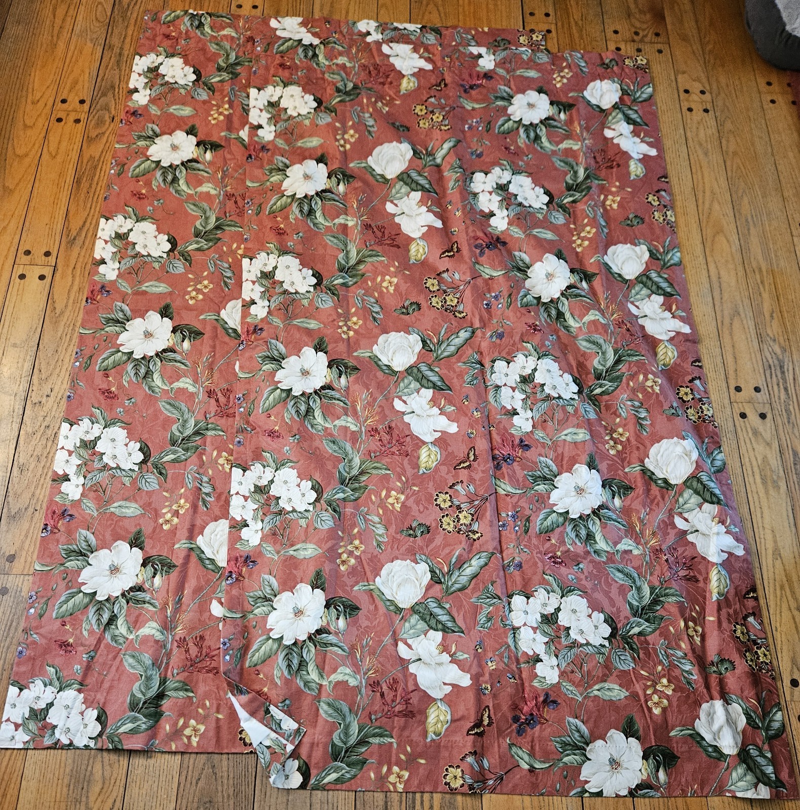 Waverly Williamsburg Magnolia Butterfly Dogwood Coral Curtain Panels (2) 48.5×85