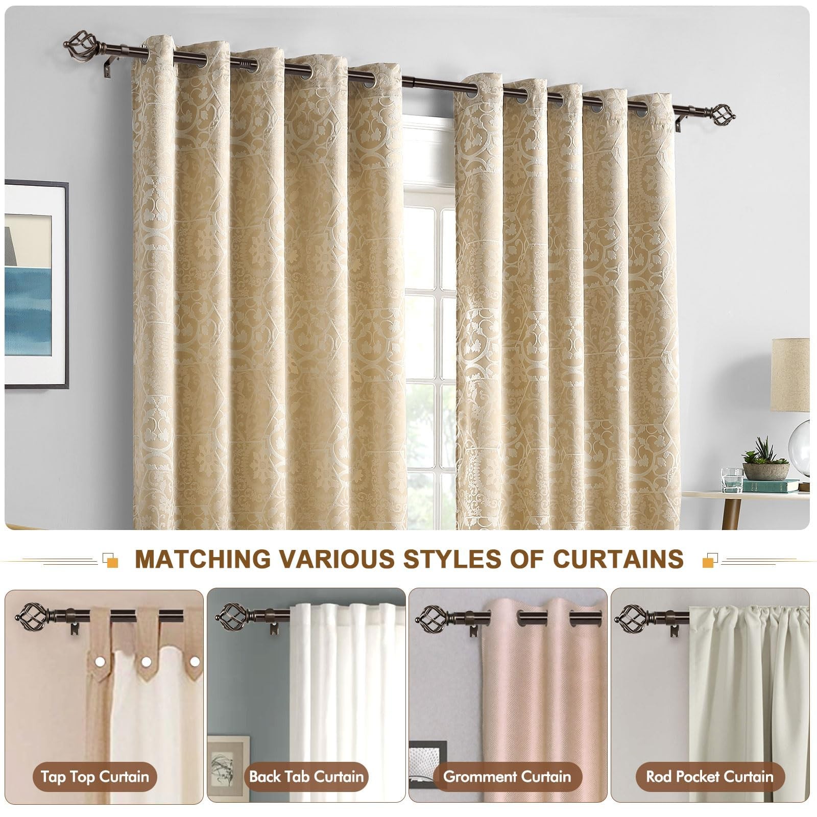 KAMANINA Curtain Rods for Windows 66 to 120 Inch, 3/4 Inch 66-120″, Bronze