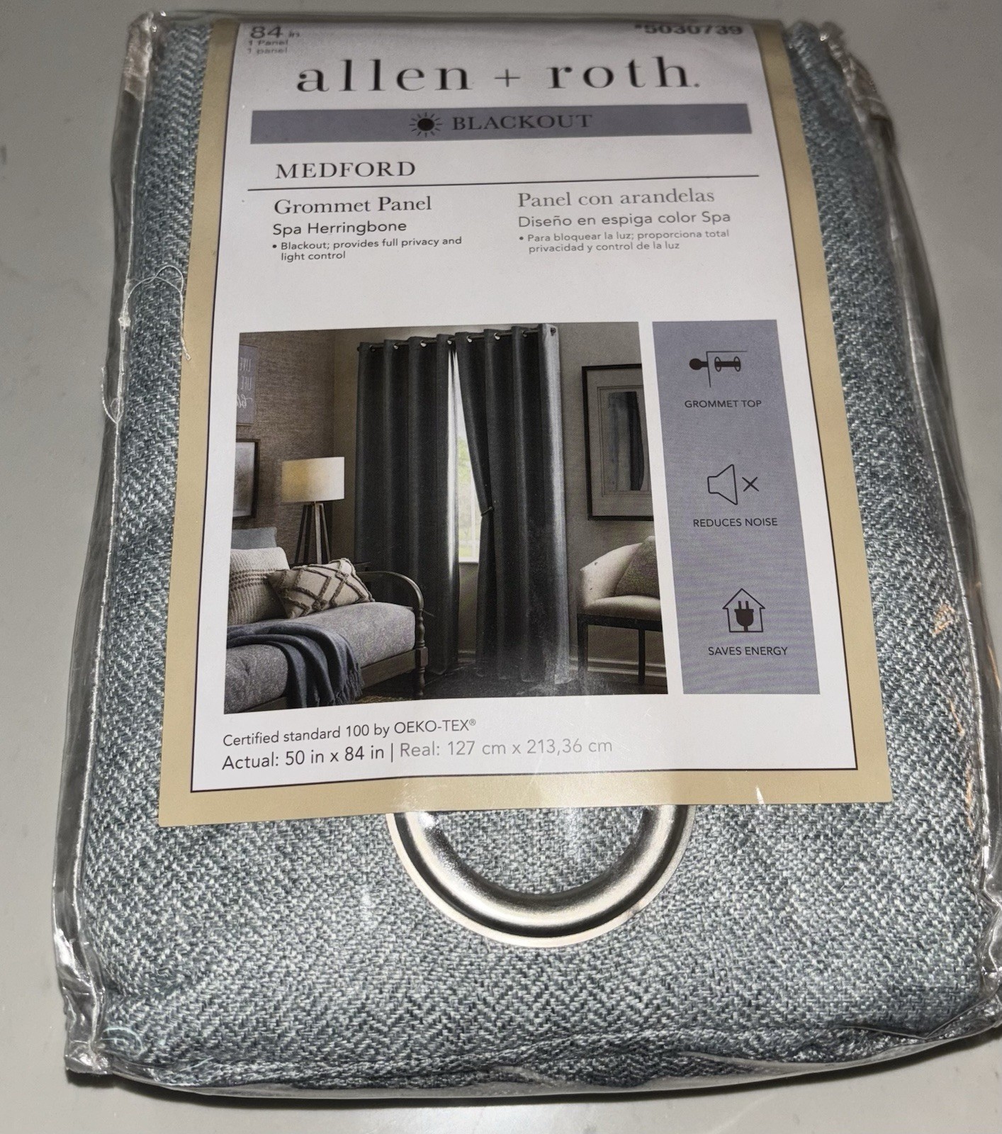 Allen+Roth Spa Herringbone Grommet Top Blackout Curtain One Panel 50×84” 5030739