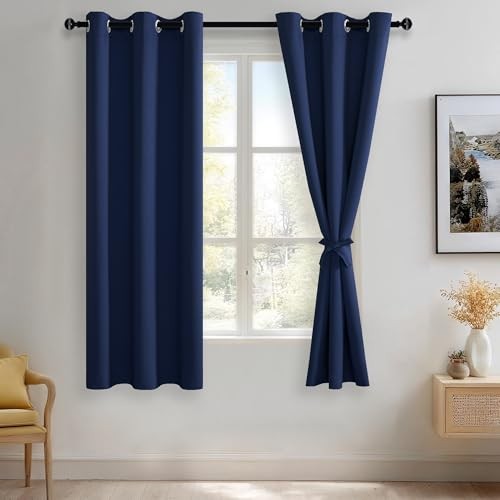 Blackout Curtains with Tiebacks – Thermal 42″W x 63″L (Pack of 2) Navy Blue