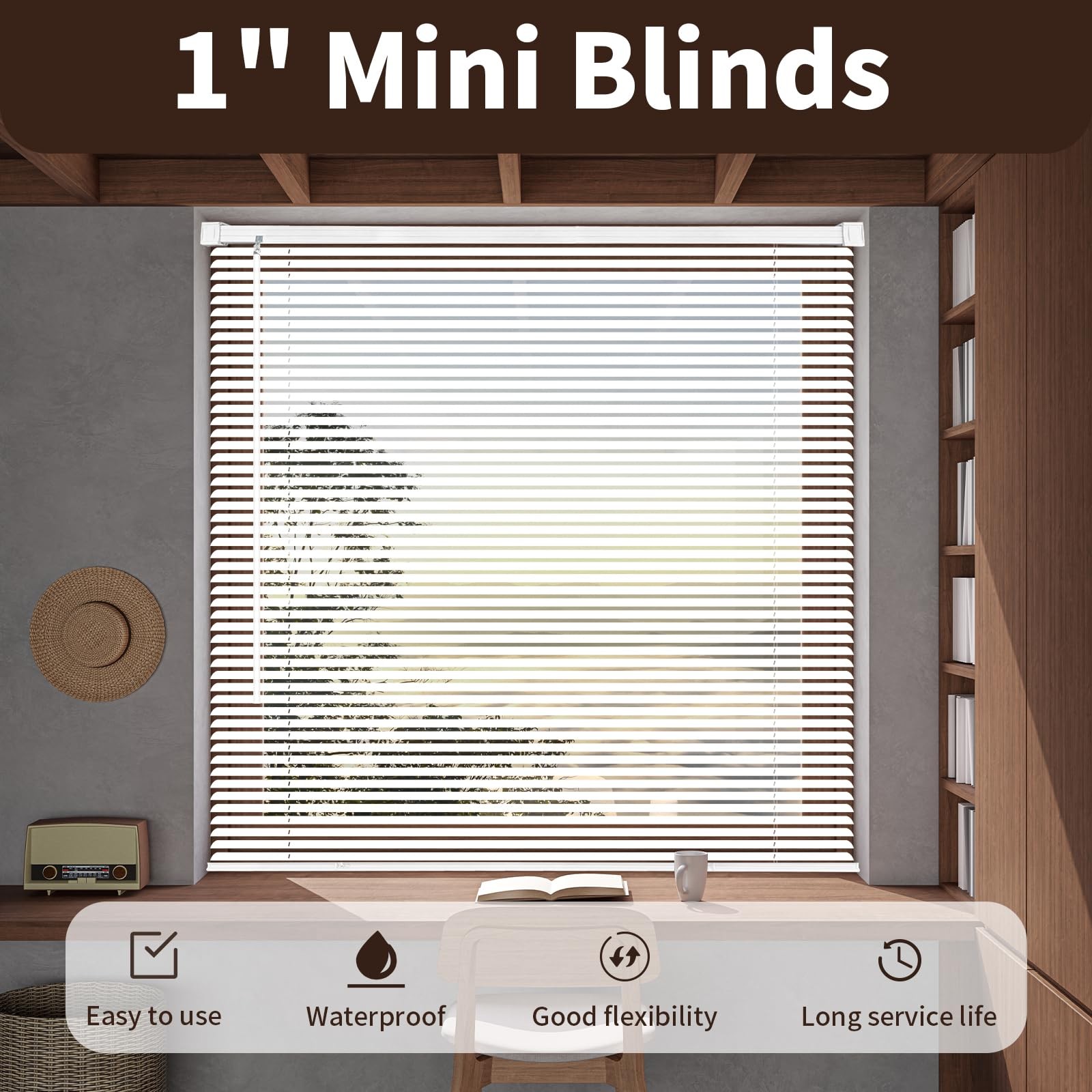 1″ Cordless Mini Blinds 20″ W x 36″ H, White Vinyl Blinds, Horizontal Light F…