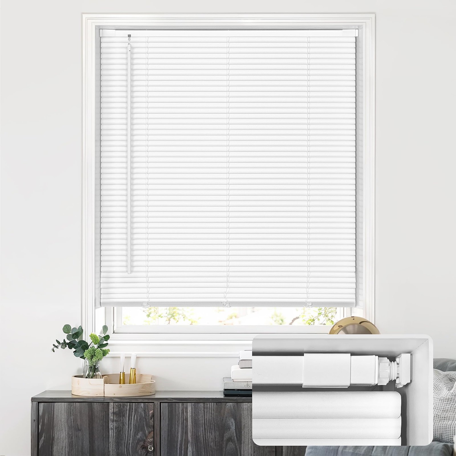LazBlinds Cordless 1″ Vinyl Mini Blinds 34×48 White – No Tools, No Drill