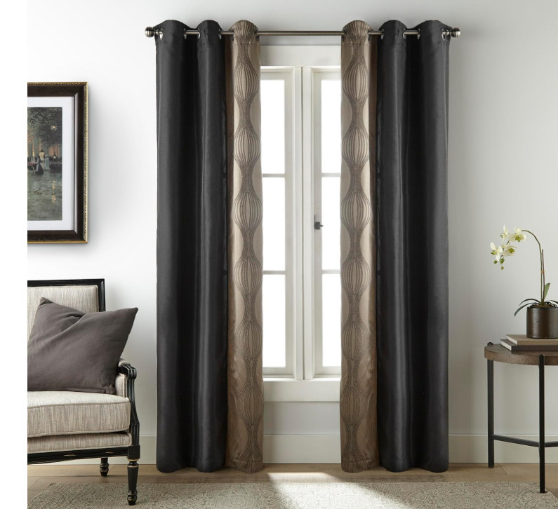 Black Gold Color Block Window Curtains 37Wx84L (Pack of 2) Black & Gold