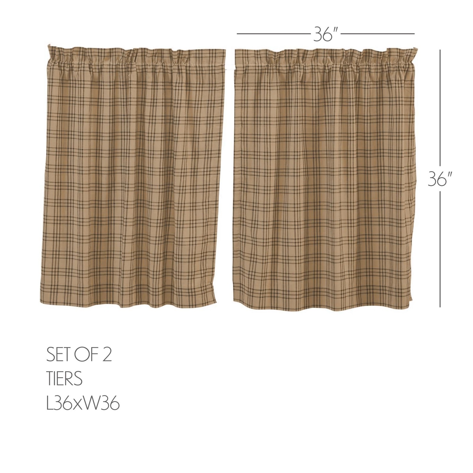 VHC Brands Farmhouse Kitchen Window Curtains-Sawyer Mill Plaid Tan Tier Pair, 36