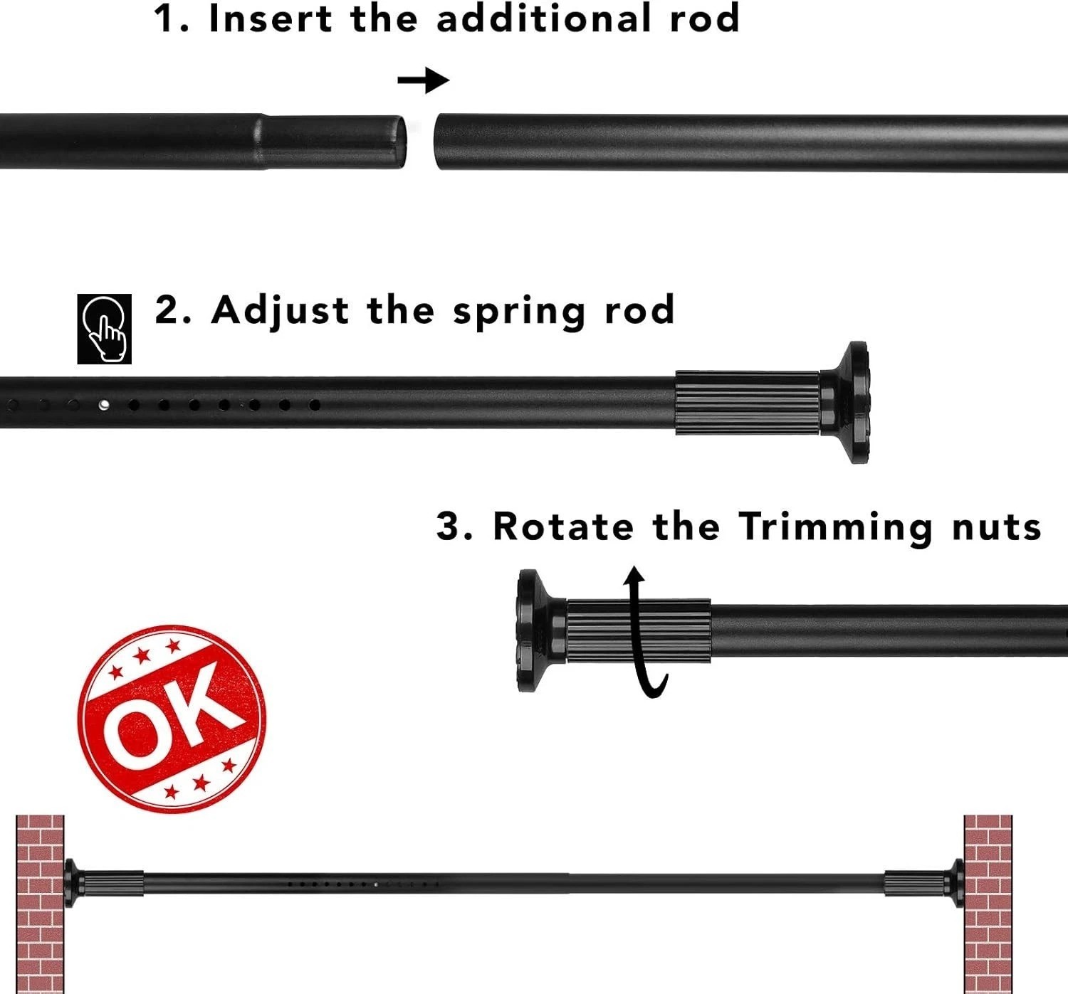 Heavy Duty Tension Curtain Rod 51-126″ Black Carbon Steel No Drill Rustproof