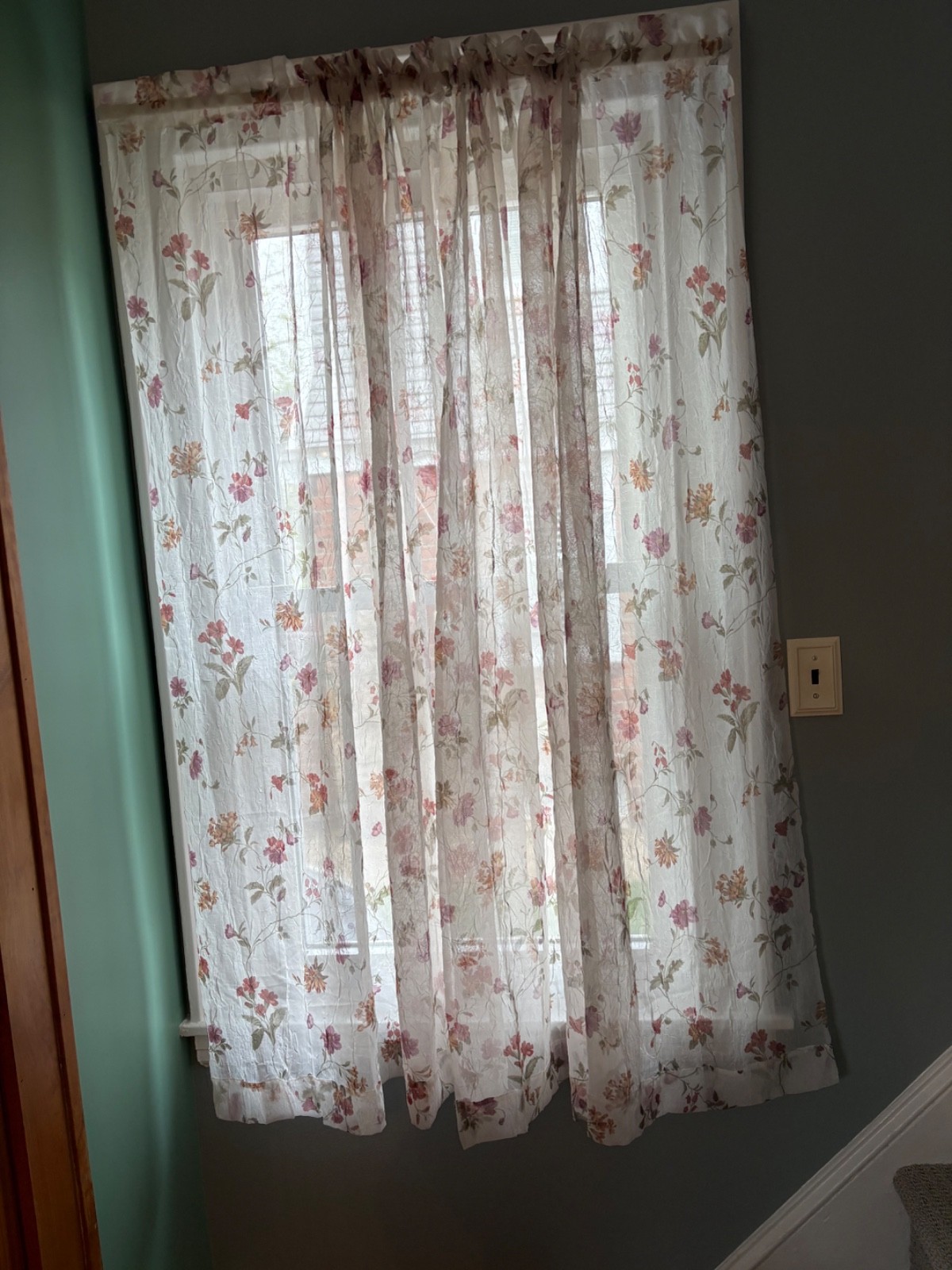 Pair of Window Sheer Panels Ecru With Floral Print Rose Yellow Copper 52 X 64