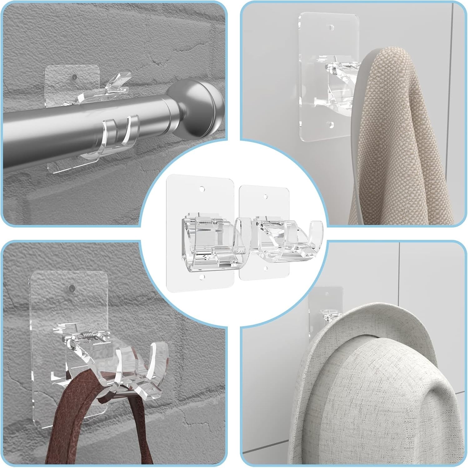 Universal Curtain Rod Holders 8 Pcs No Drill Self Adhesive with Strong Adhesive