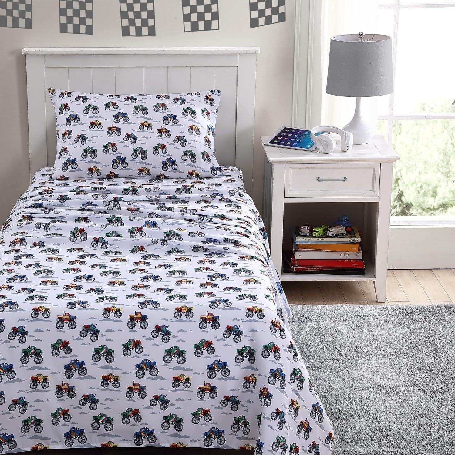 Poppy & Fritz Kids, Queen Sheet Set, Stain Resistant Queen, Trucks Grey/Multi