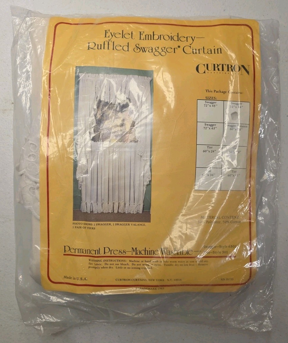 CURTRON Vintage NEW Eyelet Embroidery 72″x84″ Ruffled Swagger Curtain White